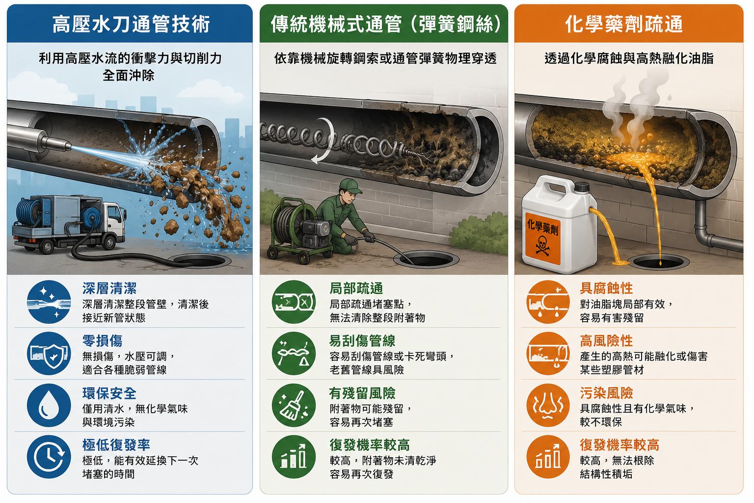 高壓水刀與傳統通管技術比較圖 - 久大管道工程 高壓水刀通管技術、傳統機械式通管與化學藥劑疏通的運作機制、清潔效果及管線影響完整對比圖